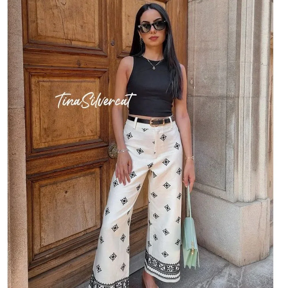 Zara Linen Blend Printed Pants White Black Sz XL NWT - Picture 11 of 16